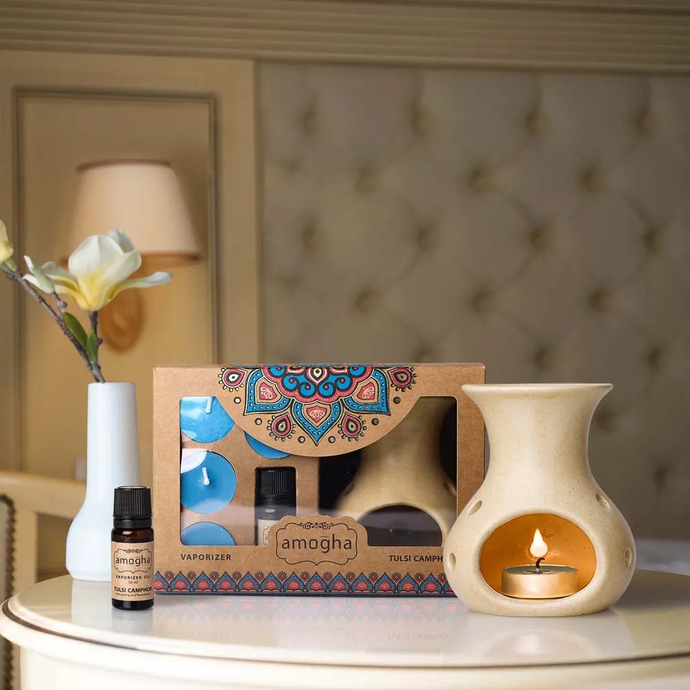 Tulsi Camphor Essential Oil with Ceramic Pot, Reed Diffuser Sticks & Potpourri