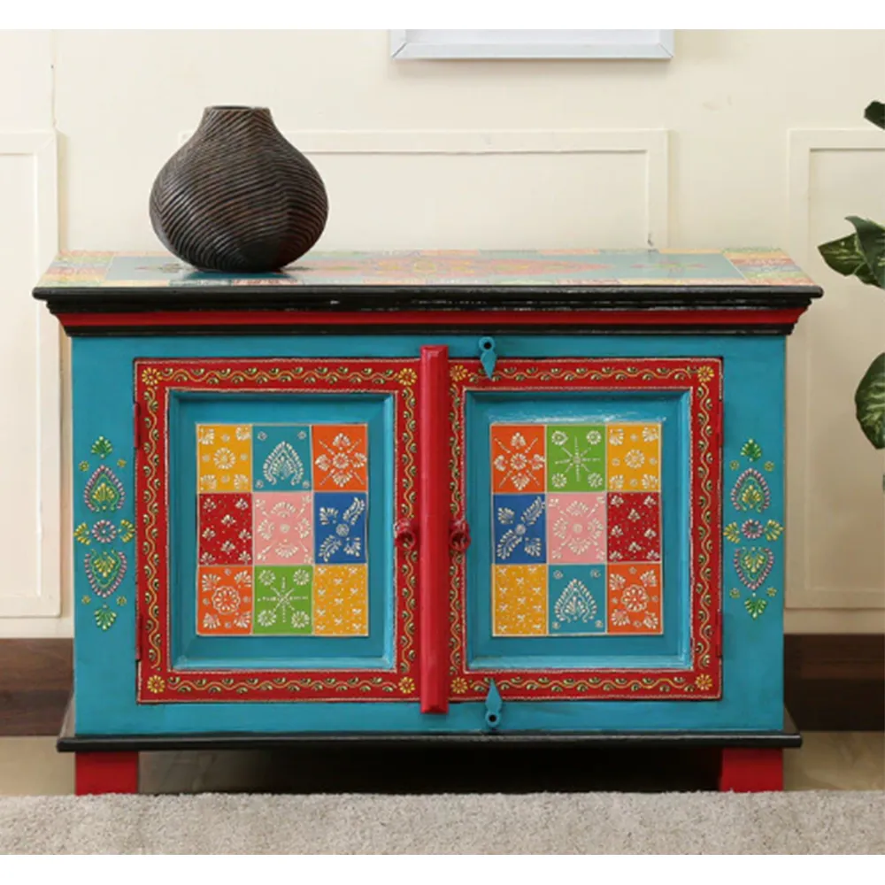 Turquoise Base Multicolor Traditionally Crafted Mango Wood Cabinet
