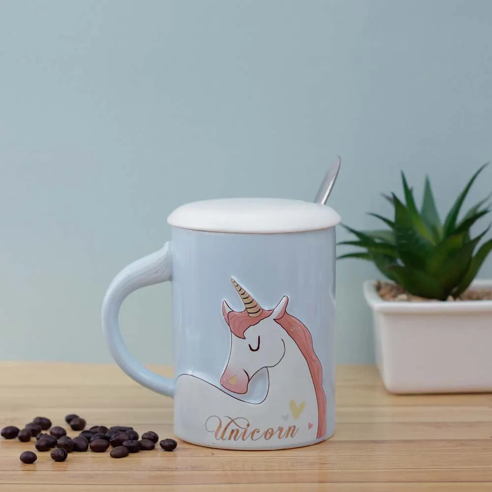 Unicorn Dreams Blue Ceramic Mug With Lid & Spoon