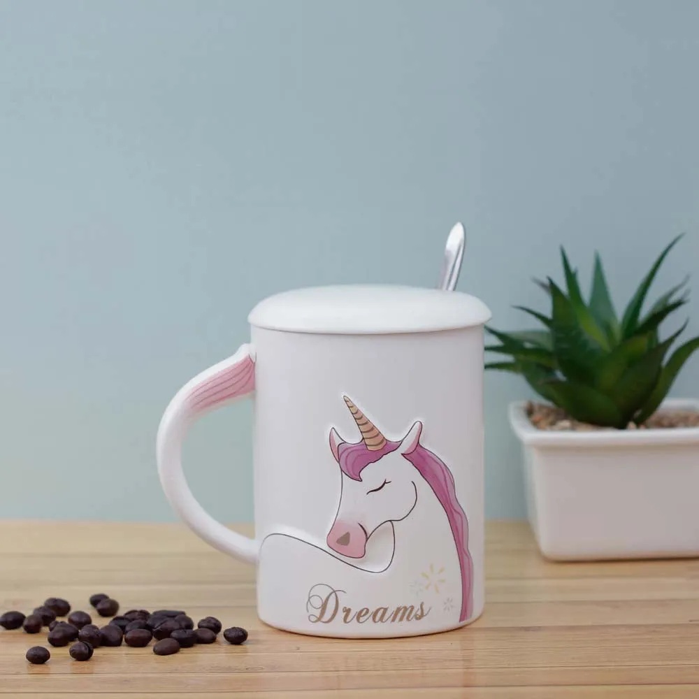 Unicorn Dreams White Ceramic Mug With Lid & Spoon