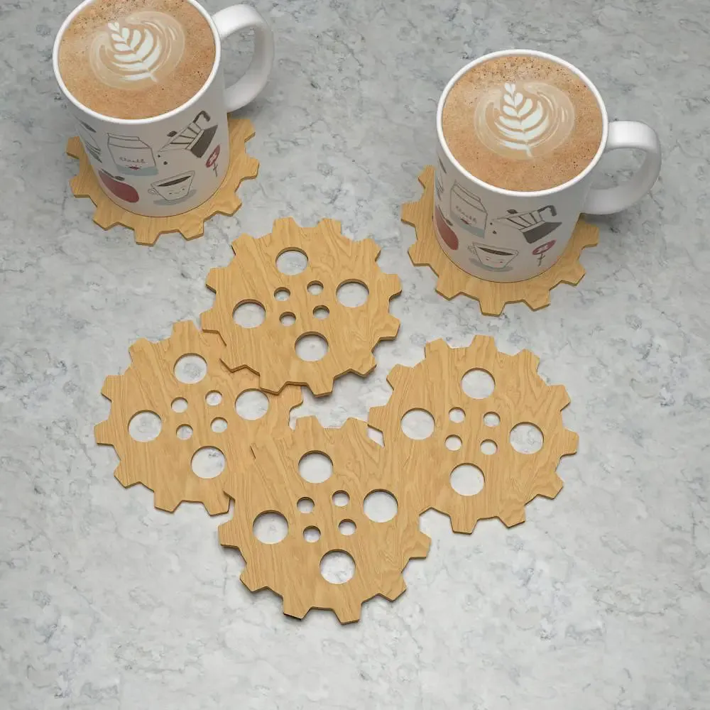 Unique Gear Wheel Shaped Design Wooden Coasters Light Oak Finish