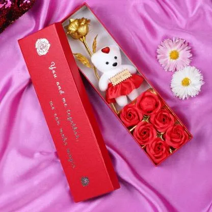 Valentine's Day Special Artificial Golden Rose Flower & Mini Teddy Box Gift Combo