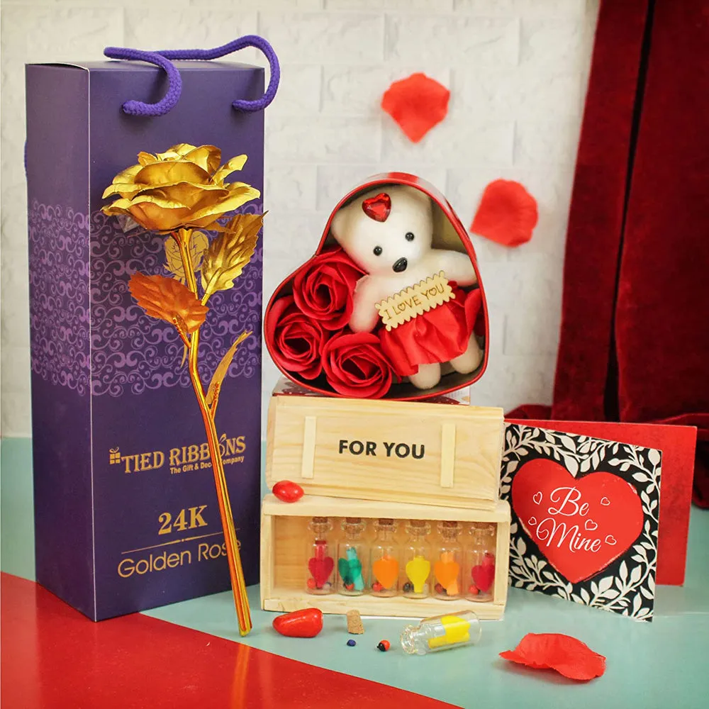 Valentine's Special Combo Gift Set- Golden Rose, Message Box & Teddy with Roses