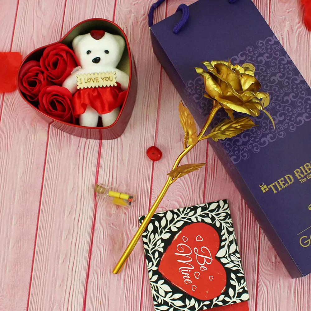 Valentine's Special Combo Gift Set- Golden Rose & Teddy with Roses