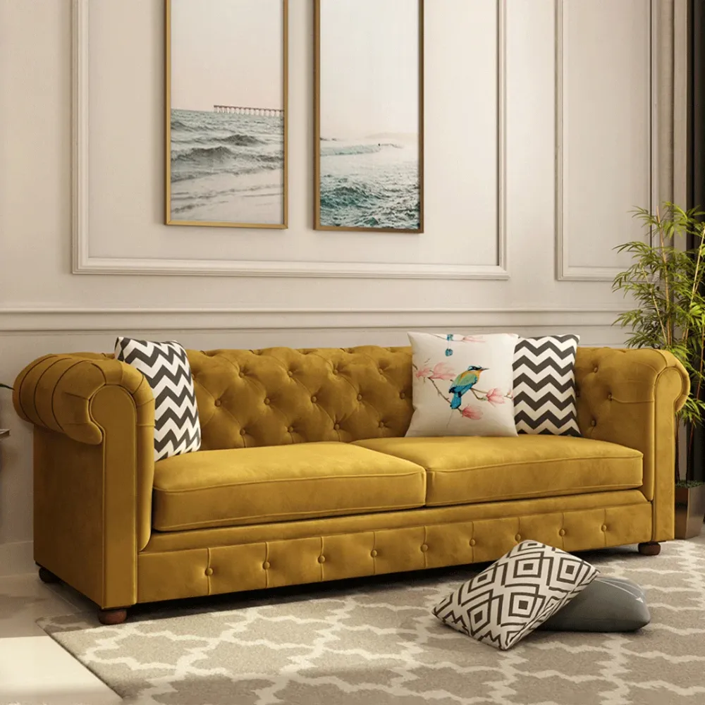WallMantra Velvet seater sofa – Mustard Yellow WallMantra