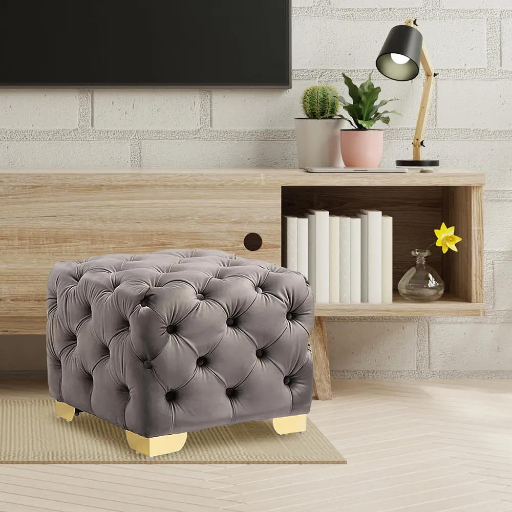 Velvet Tufted Button Puffy Stool In Grey