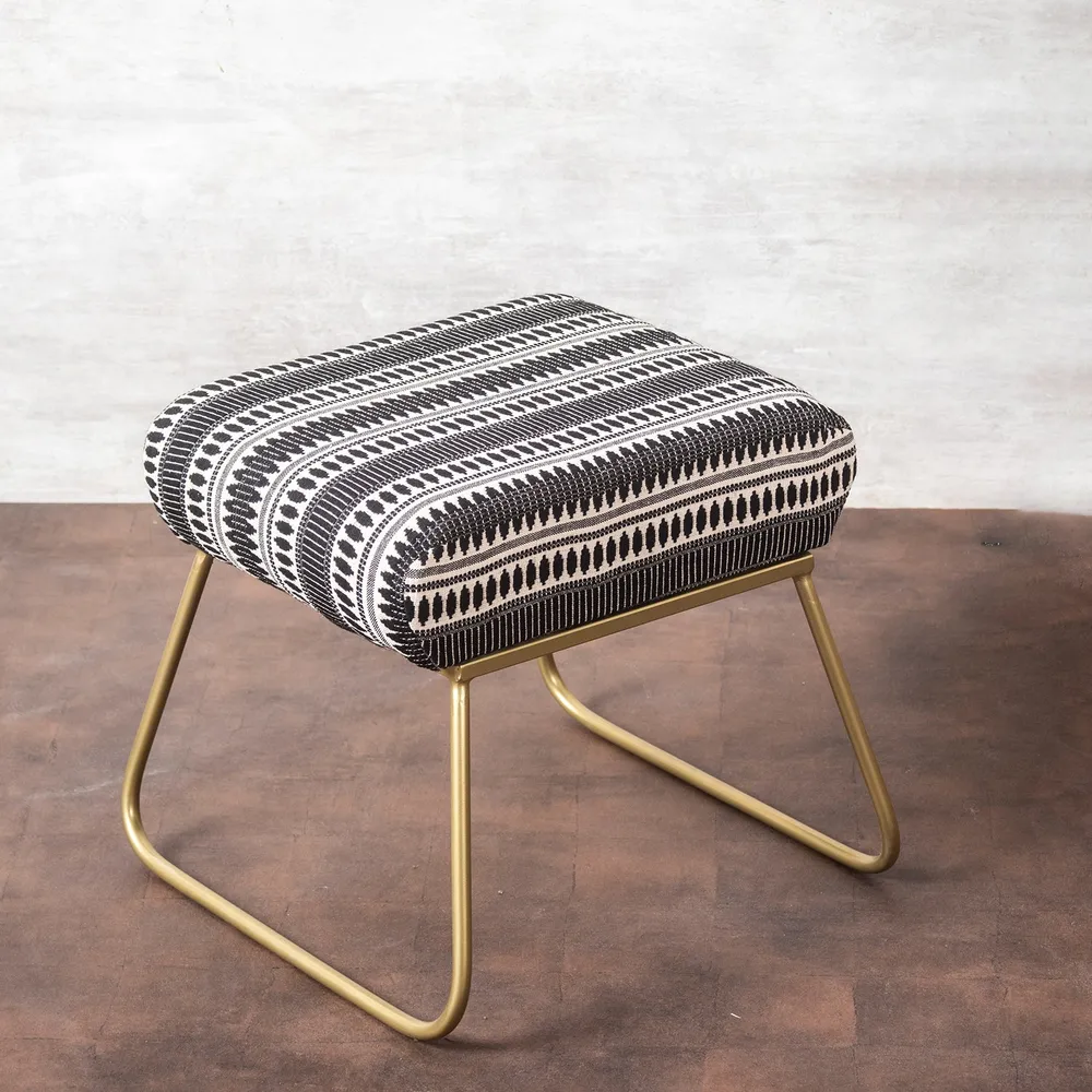 Vibrant Grey & White Printed Woven Jacquard Cotton Upholstered Metal Ottoman Stool