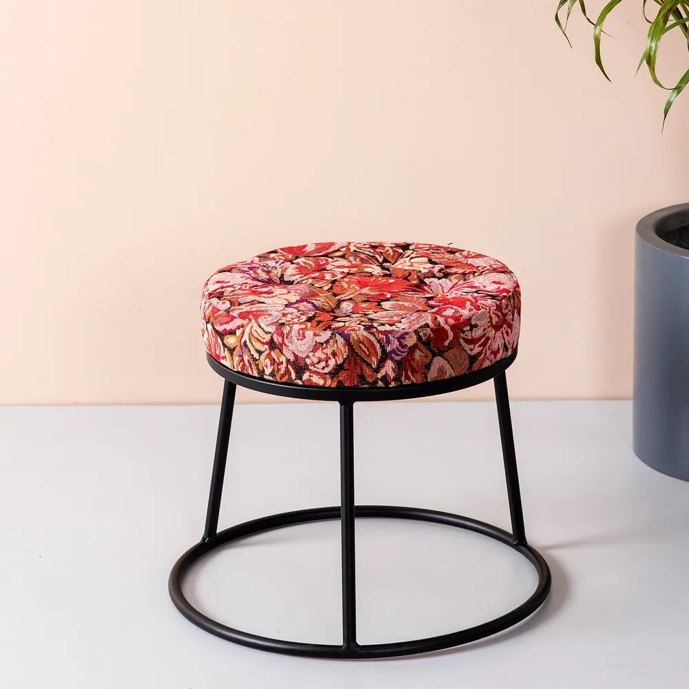 Vibrant Multicolored Printed Woven Metal Ottoman Stool Set Of 2