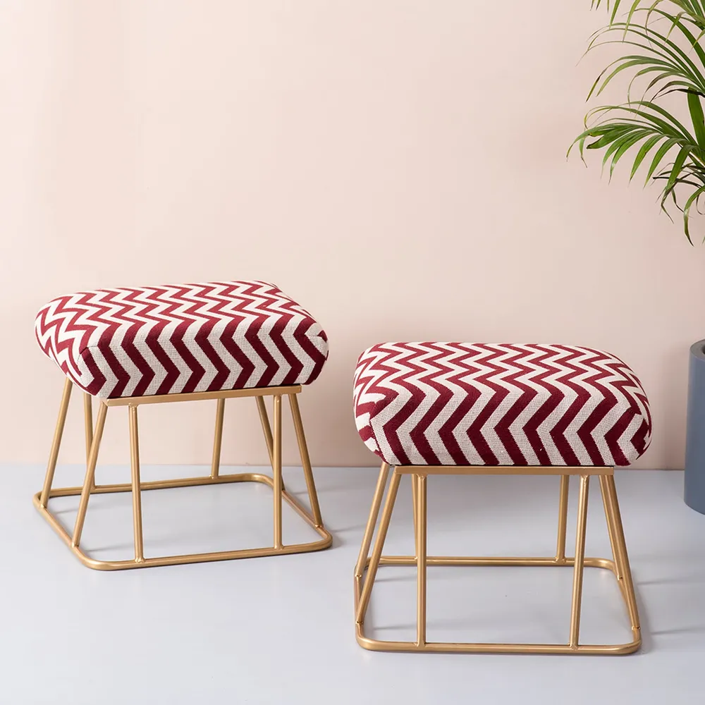 Vibrant Red & White Zig Zag Print Woven Metal Ottoman Stool