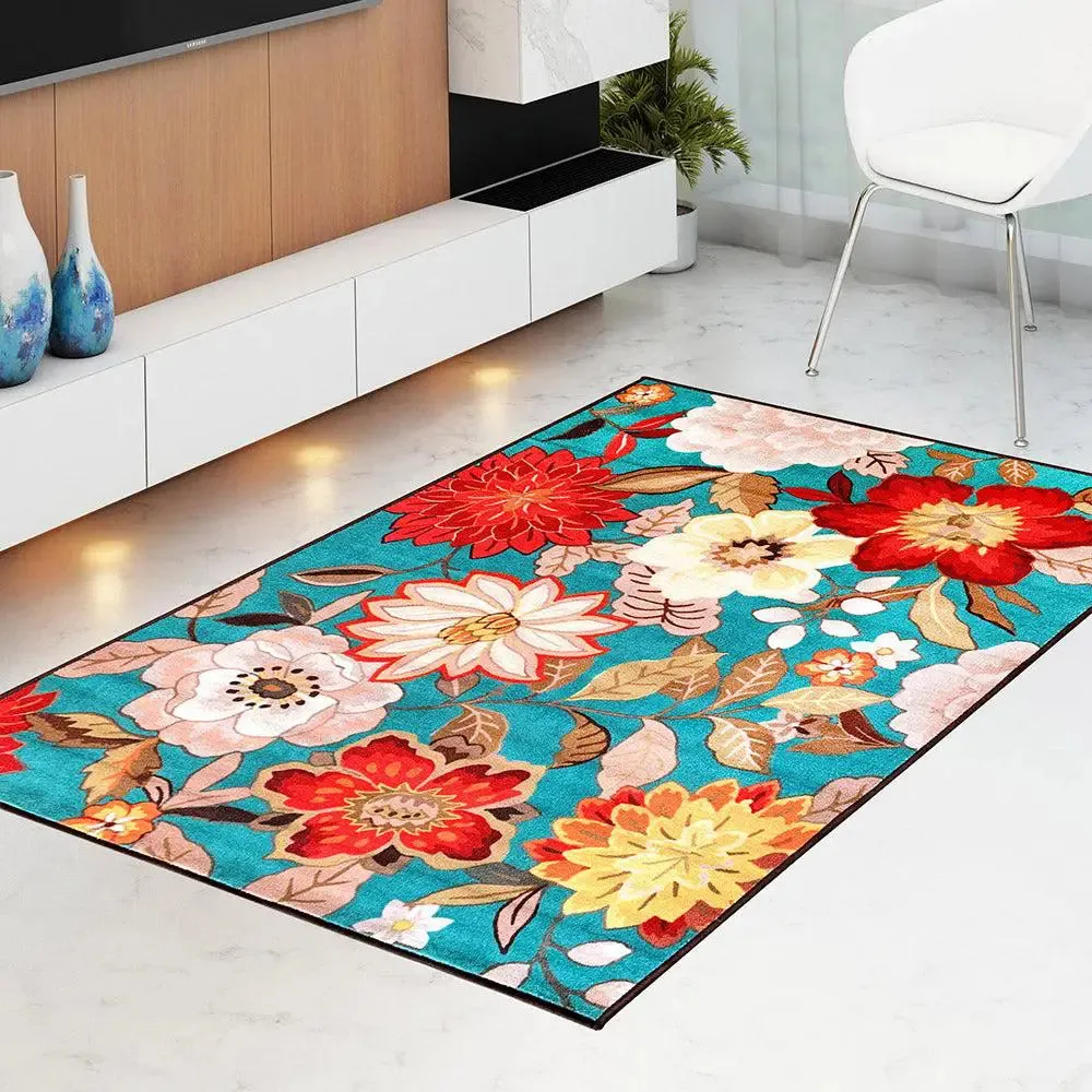 Vibrant Turquoise Floral Printed Premium Area Carpet ( 3 ft x5 ft & 4 ft x 6 ft )