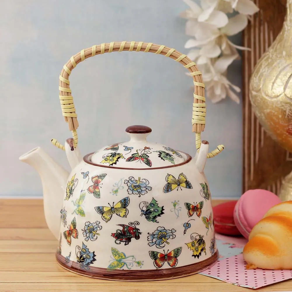 Vintage Butterfly Printed Ceramic Tea Kettle