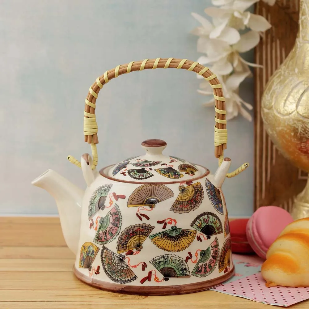 Vintage Japanese Fans Printed Ceramic Tea Kettle