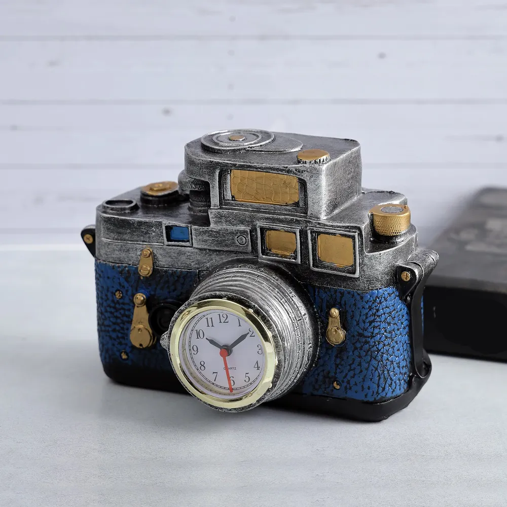 Vintage Motif Blue Camera Clock Decorative Table Accent