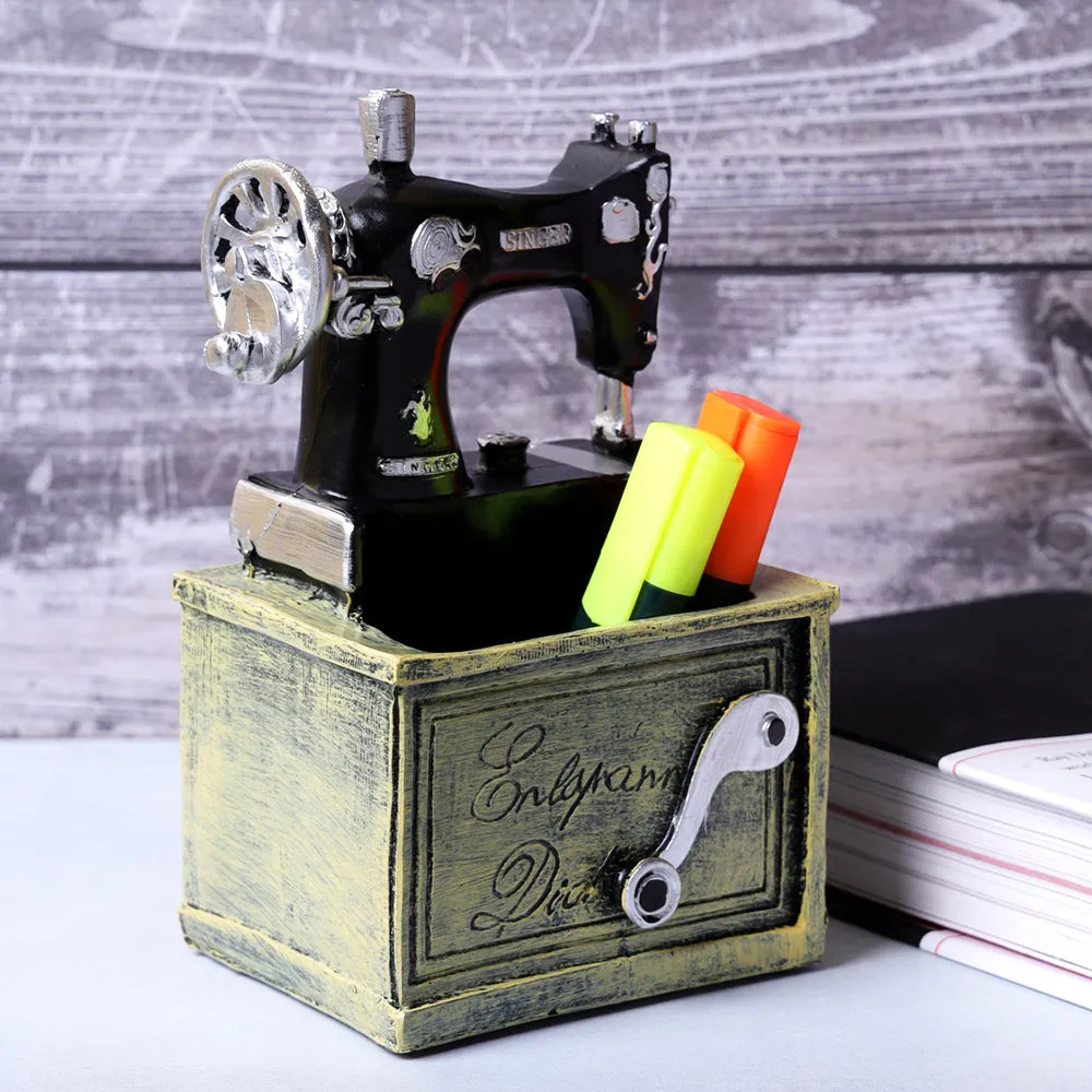 Vintage Motif Green Sewing Machine Organizer Cum Table Accent