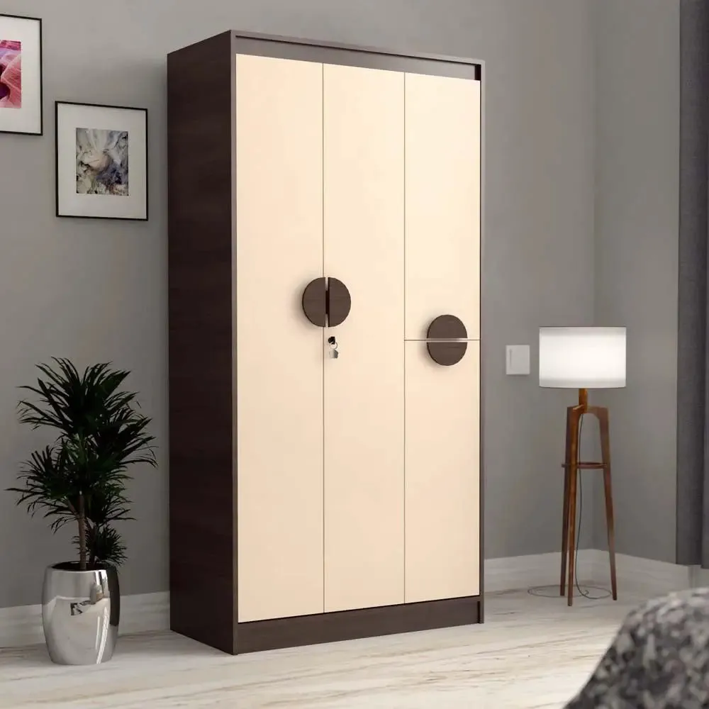 Walnut & Beige Solid Engineered 3 Door Wardrobe