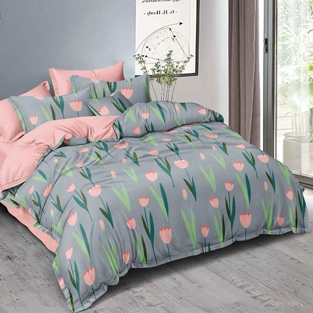Water Pink Lillies Designer Floral  Bedsheet With 2 Pillow Covers (Grey &amp; Pink)