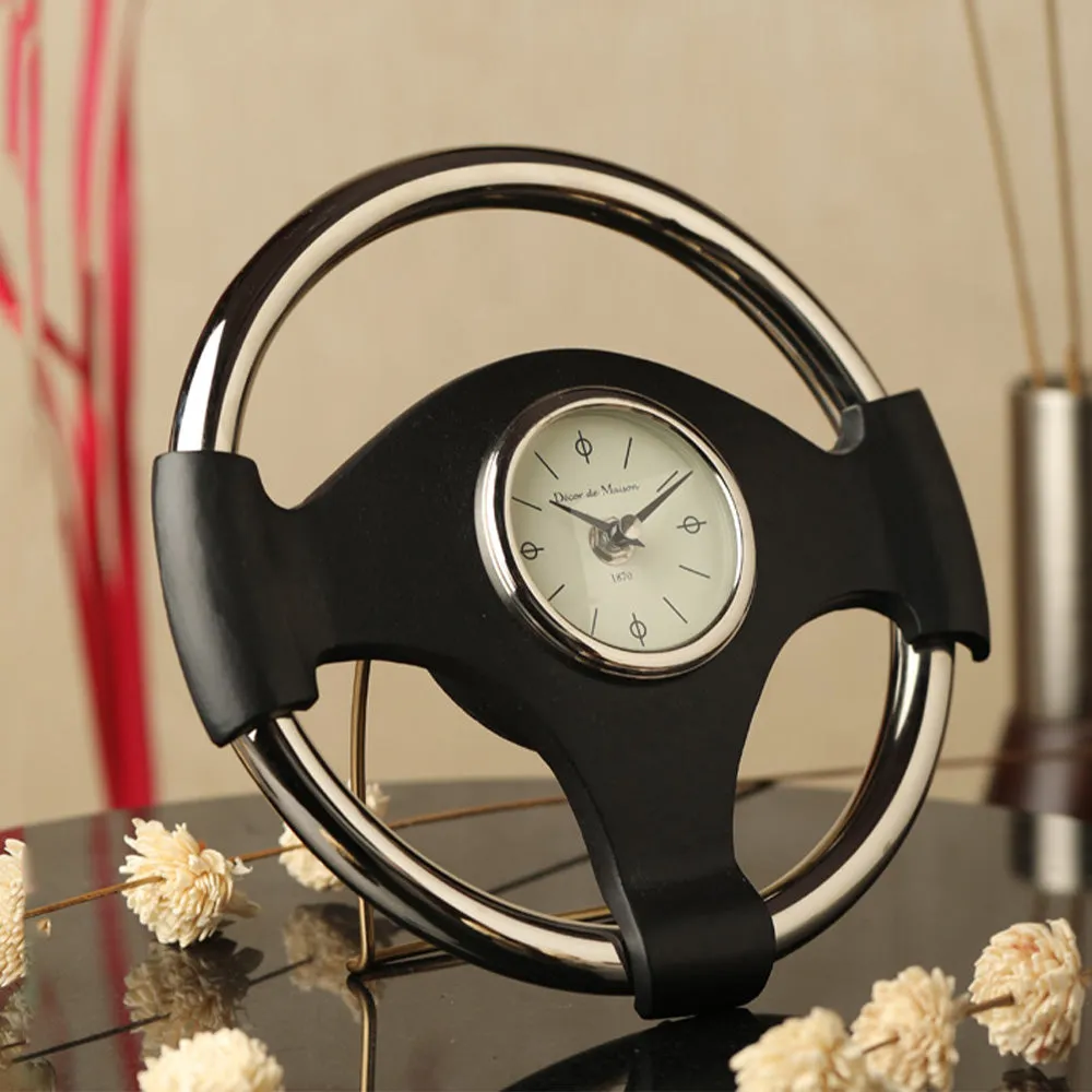 Wheel Steel Table Clock in Silver & Black