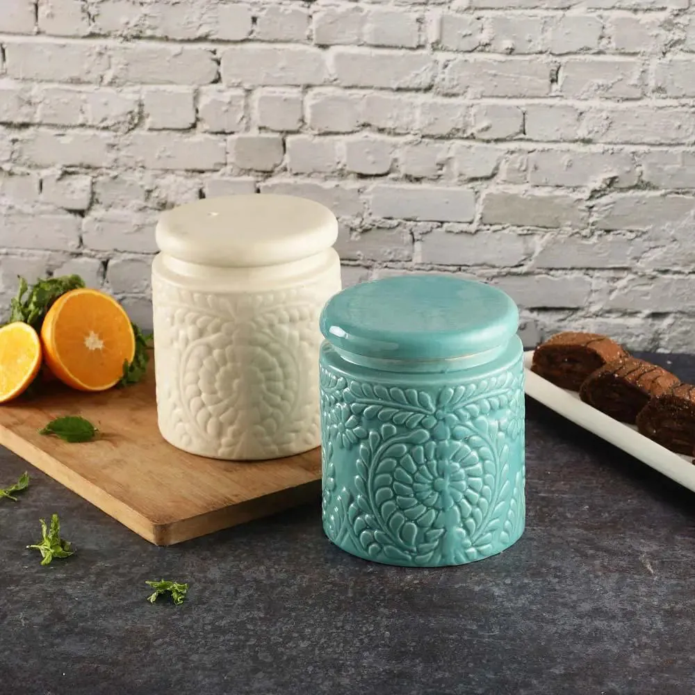 White &amp; Blue Handcrafted &amp; Handpainted Ceramic Storage Jars Set Of 2