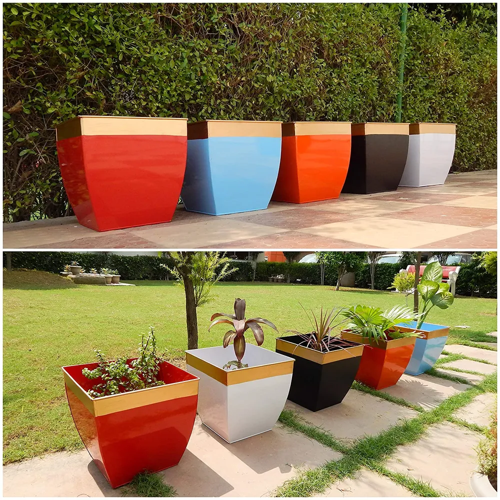 White &amp; Golden 12 Inches Metal Tapered Plant Pot Set Of 2