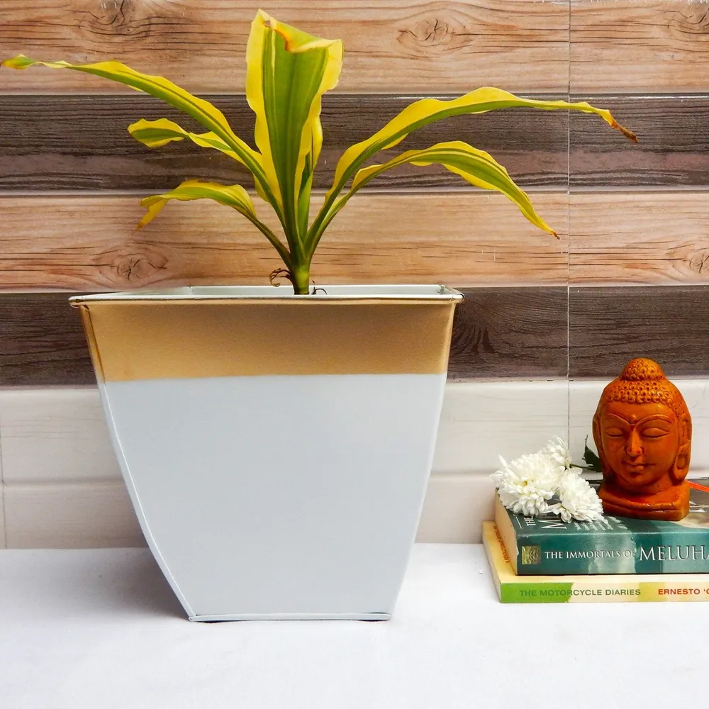 White &amp; Golden 8 Inches Metal Tapered Plant Pot Set Of 2