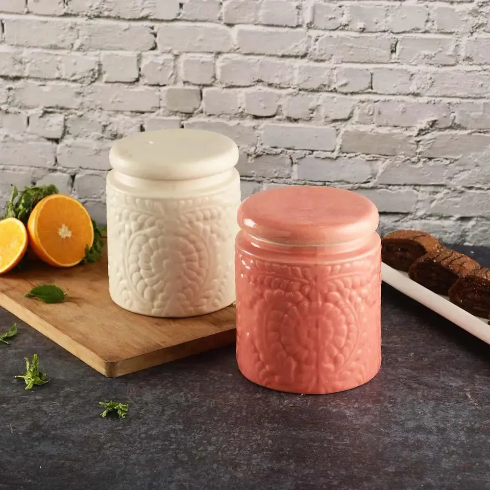 White &amp; Pink Handcrafted &amp; Handpainted Ceramic Storage Jars Set Of 2