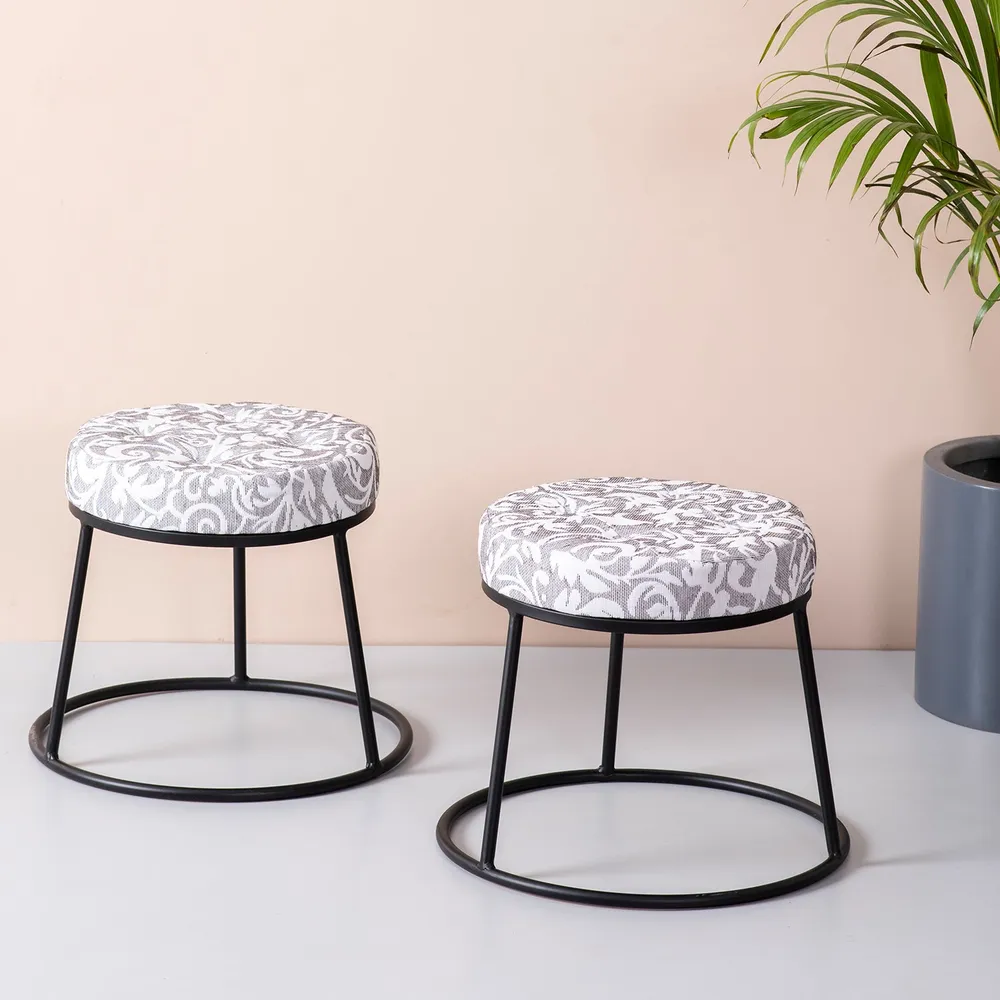 White and grey Neutral Hued Woven Jacquard Metal Ottoman Stool Set Of 2