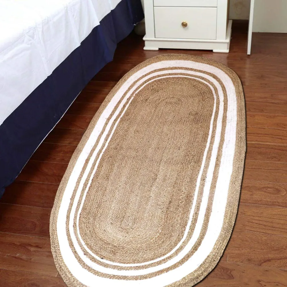 White Bordered Designer Oval Jute Floormat
