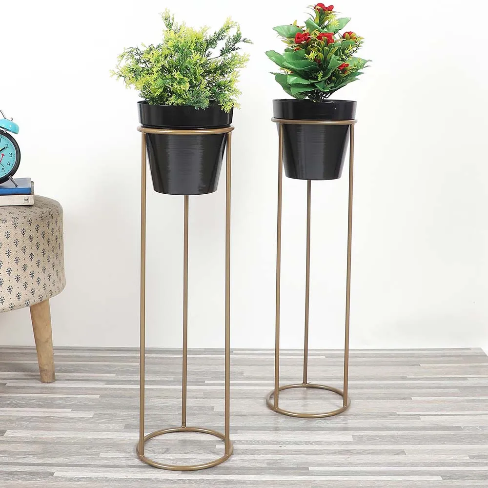 White & Golden Bordered Metallic Planter With Stand Set Of 2