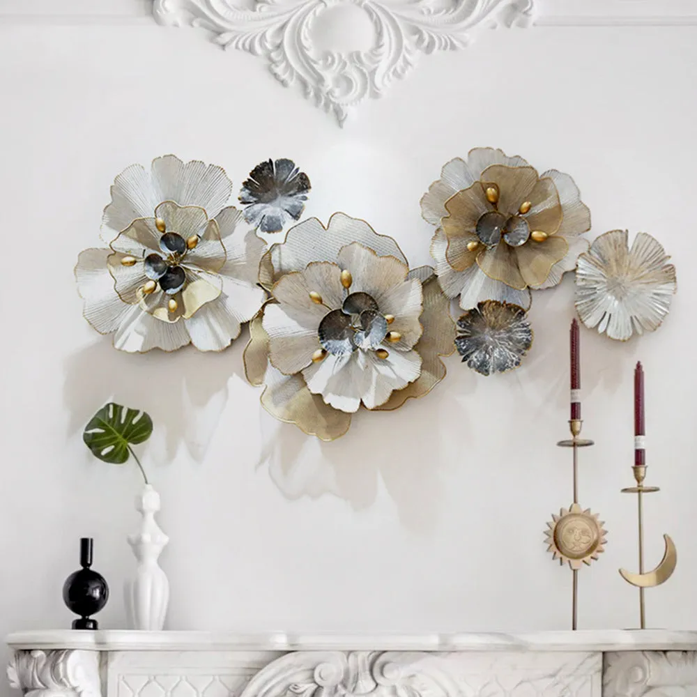 White & Grey Wild Floral Large Metal Wall Art