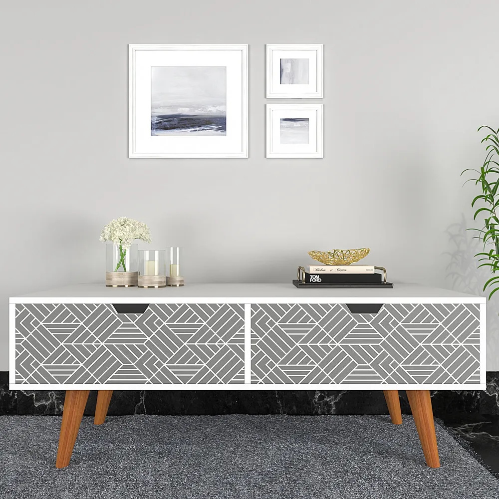 White Wooden Table With Drawers In White Aztec Pattern