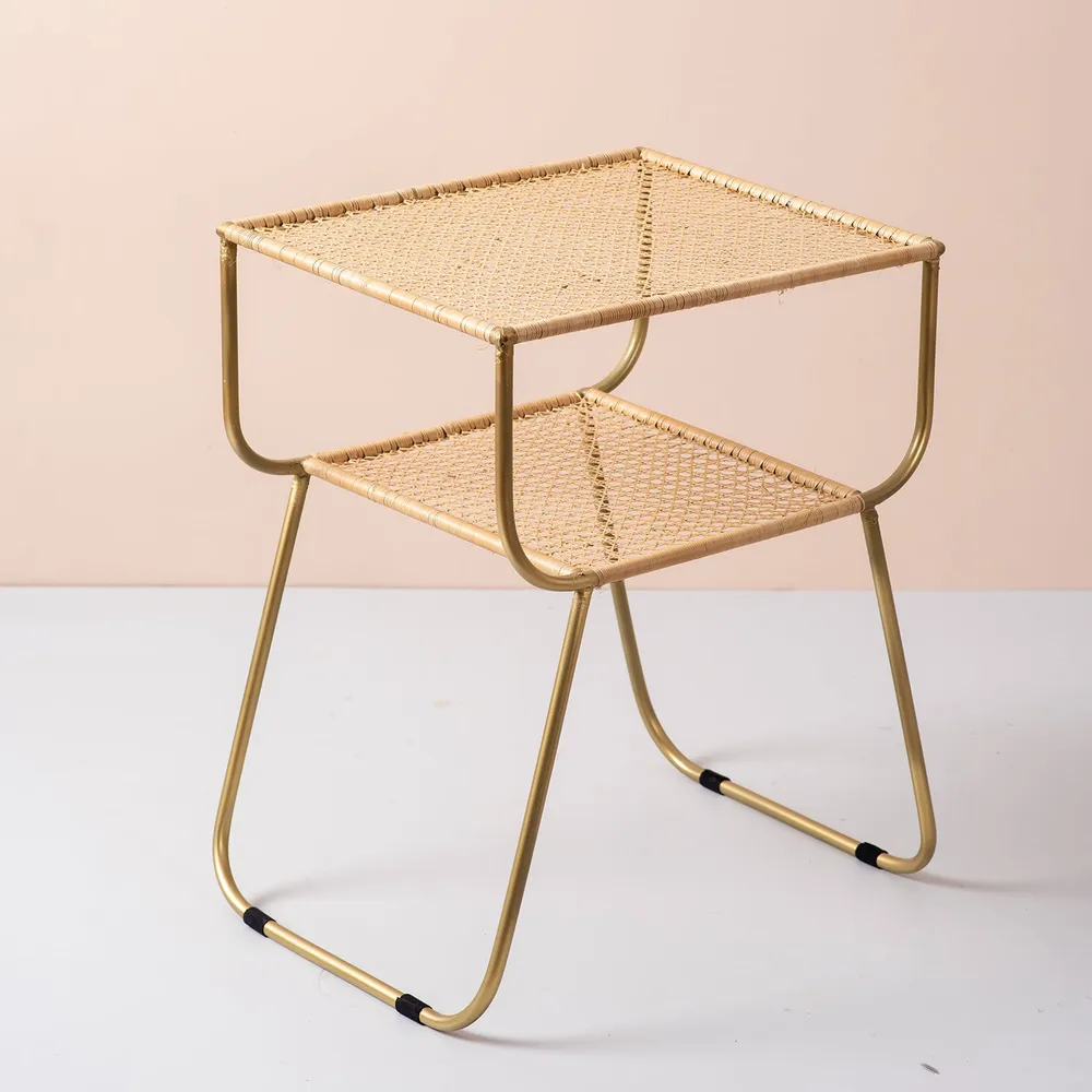 Wicker Iron and Cane Slanting Lustrous Gold Side Table