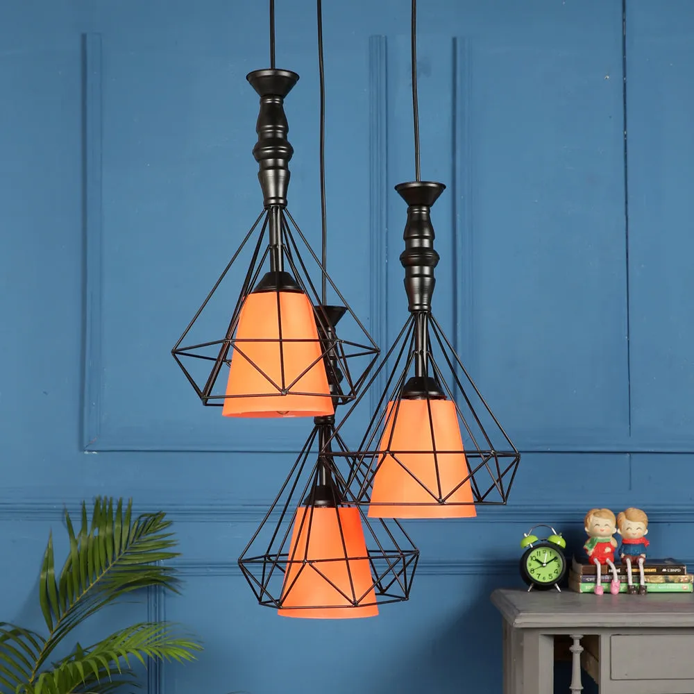 Wooden Black Framed Black Glass Cluster Hanging Lights