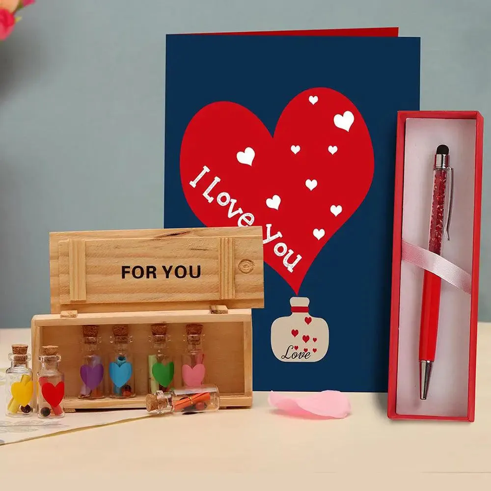 Wooden Message Bottle Box with Pen Card Valentine's Combo Gift Pack