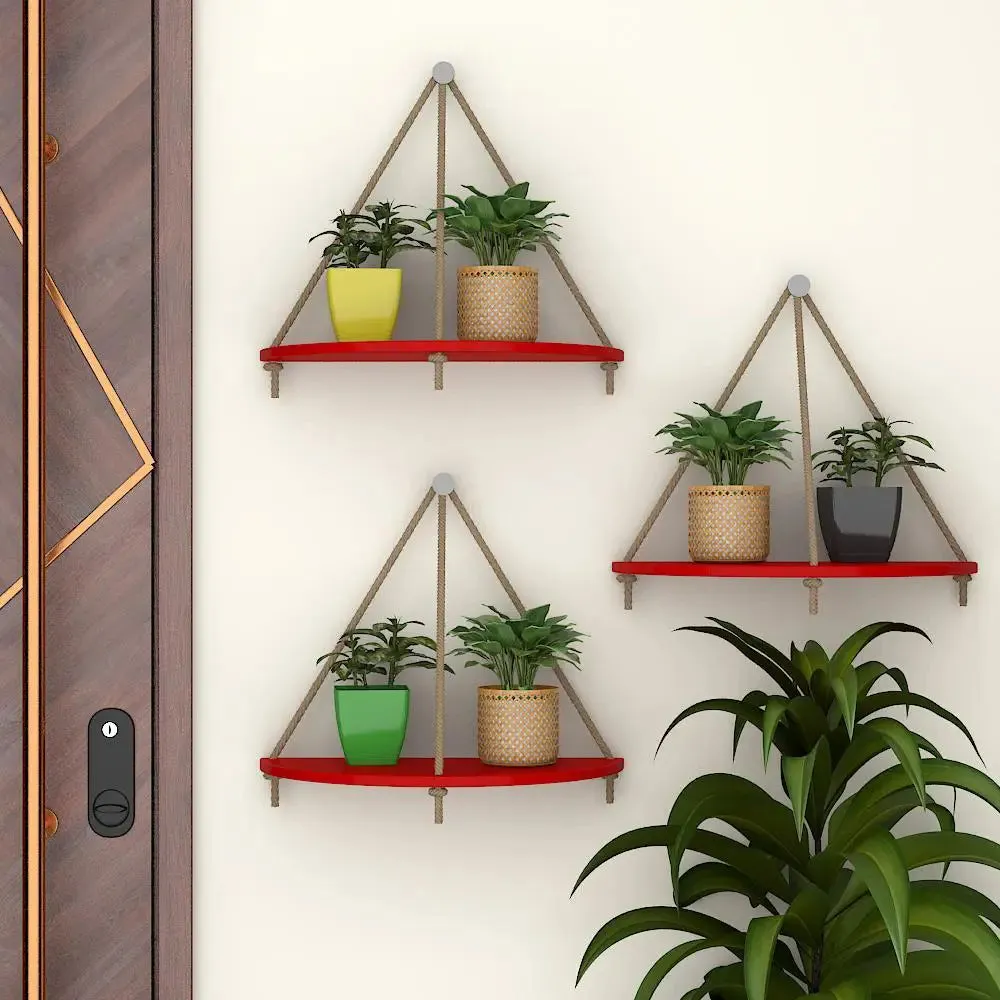 Wooden Wall Hanging Curve Shape Planter Shelf with Rope (Set of 3 Red Color)