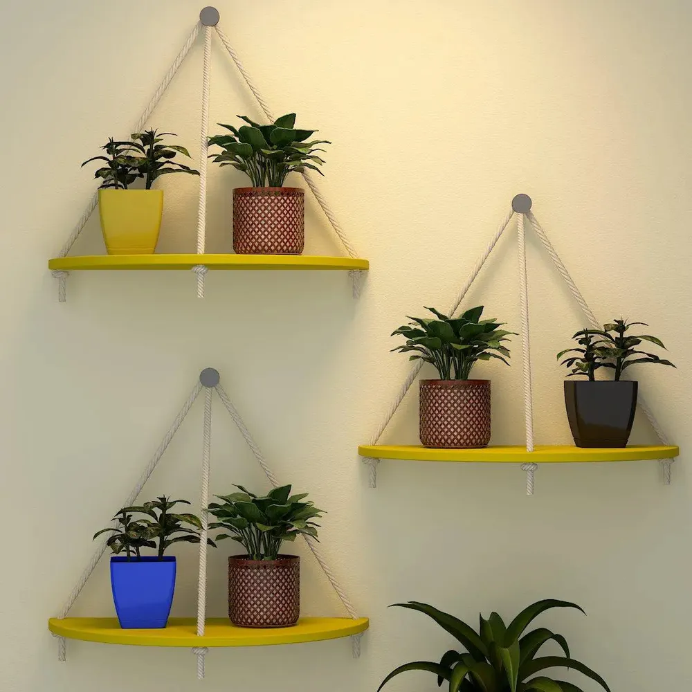 Wooden Wall Hanging Curve Shape Planter Shelf with Rope (Set of 3 Yellow Color)