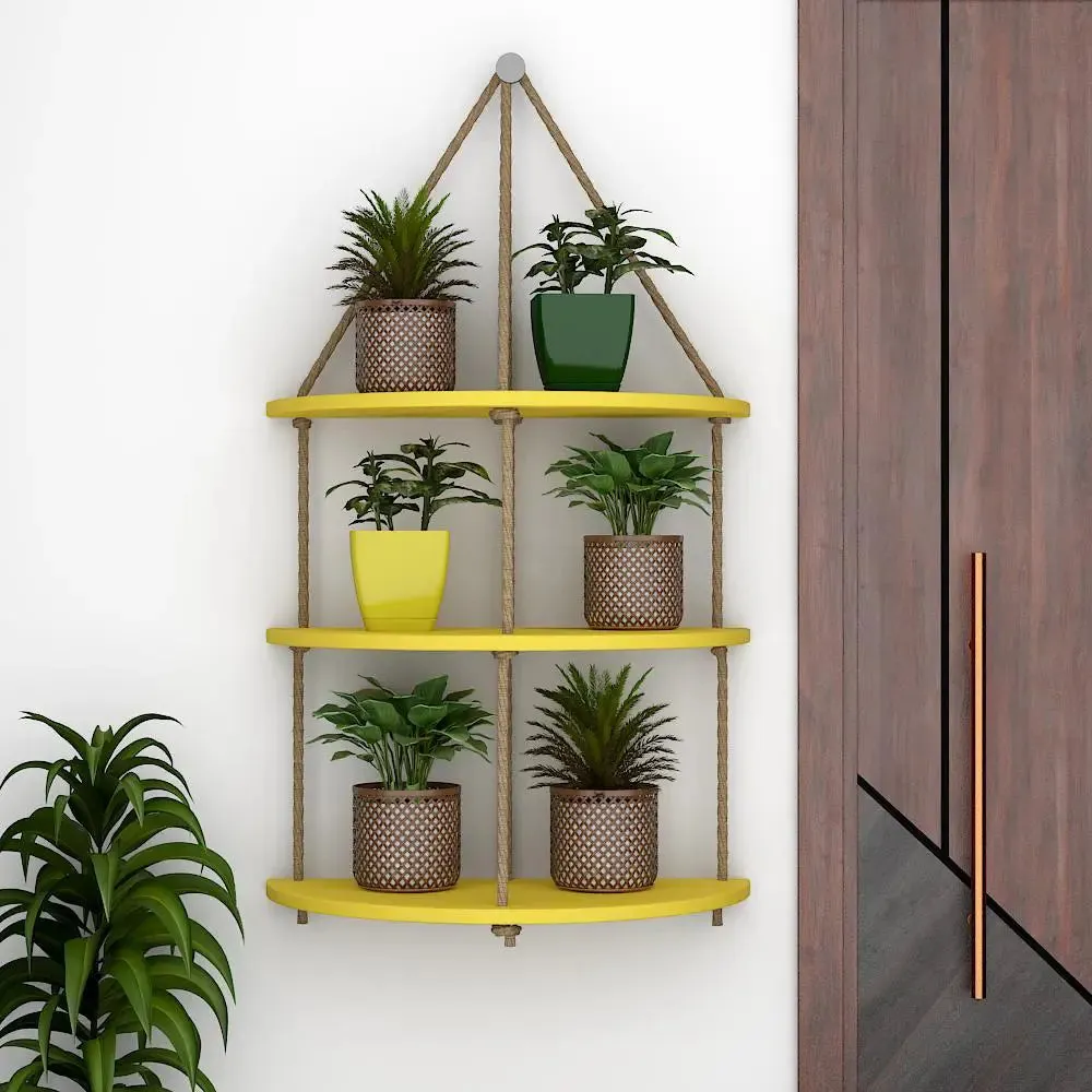 Wooden Wall Hanging Planter Curve Shape Shelf with Rope (3 layers, Yellow Color)