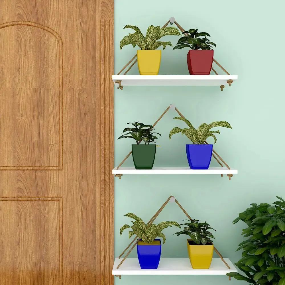 Wooden Wall Hanging Planter Shelf with Rope (Set of 3 White Color)