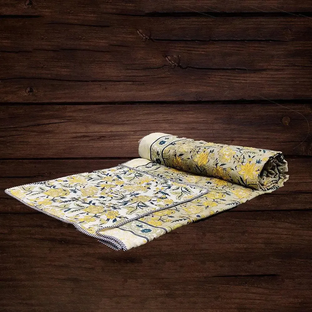 Yellow &amp; Blue Floral Designer Hand Block Printed Single Bed Cotton Dohar