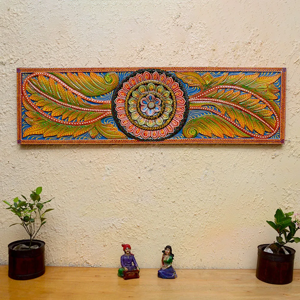 Yellow & Blue Traditional Designer Rectangular Painted Wooden Wall Panel