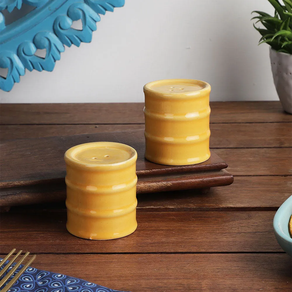 Yellow Ceramic Cylindrical Salt &amp; Pepper Set Of 2