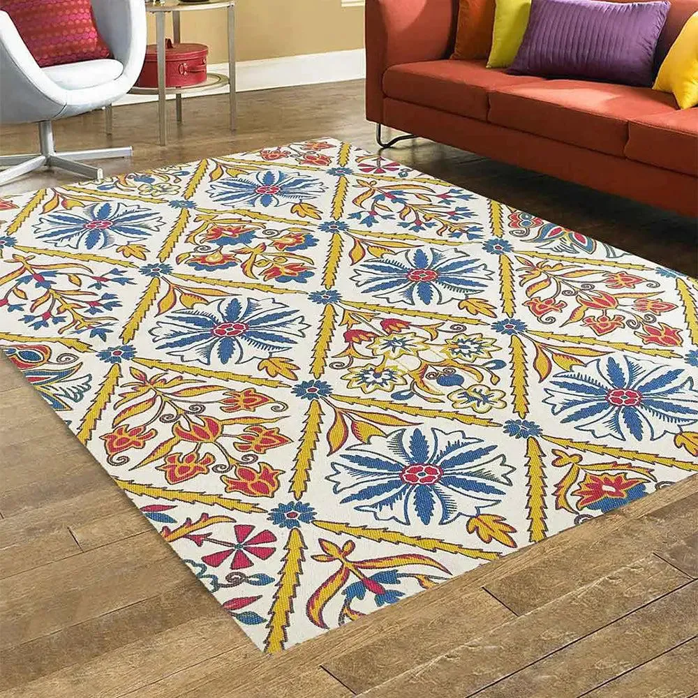Yellow Floral Ethnic Pattern Cotton Printed Area Carpet