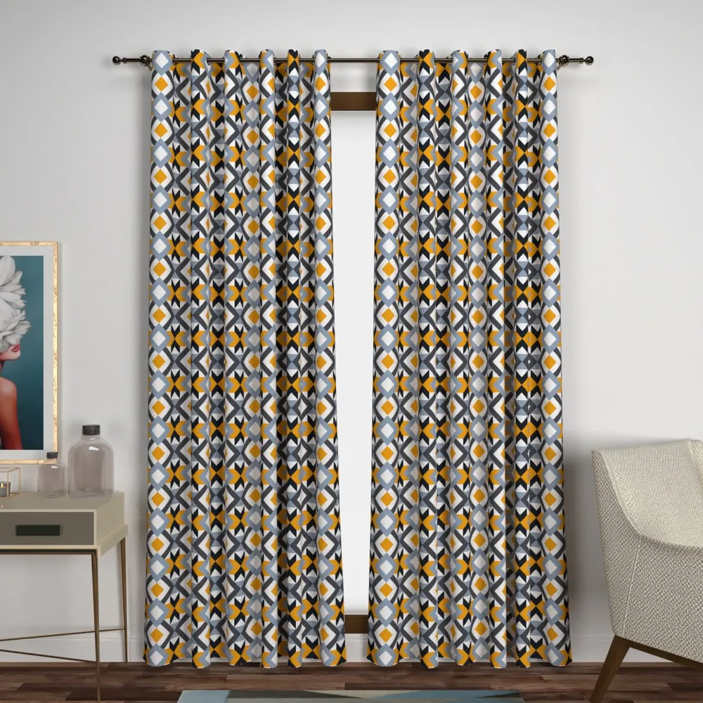 Yellow & Grey Geometric Print Designer Window Curtain