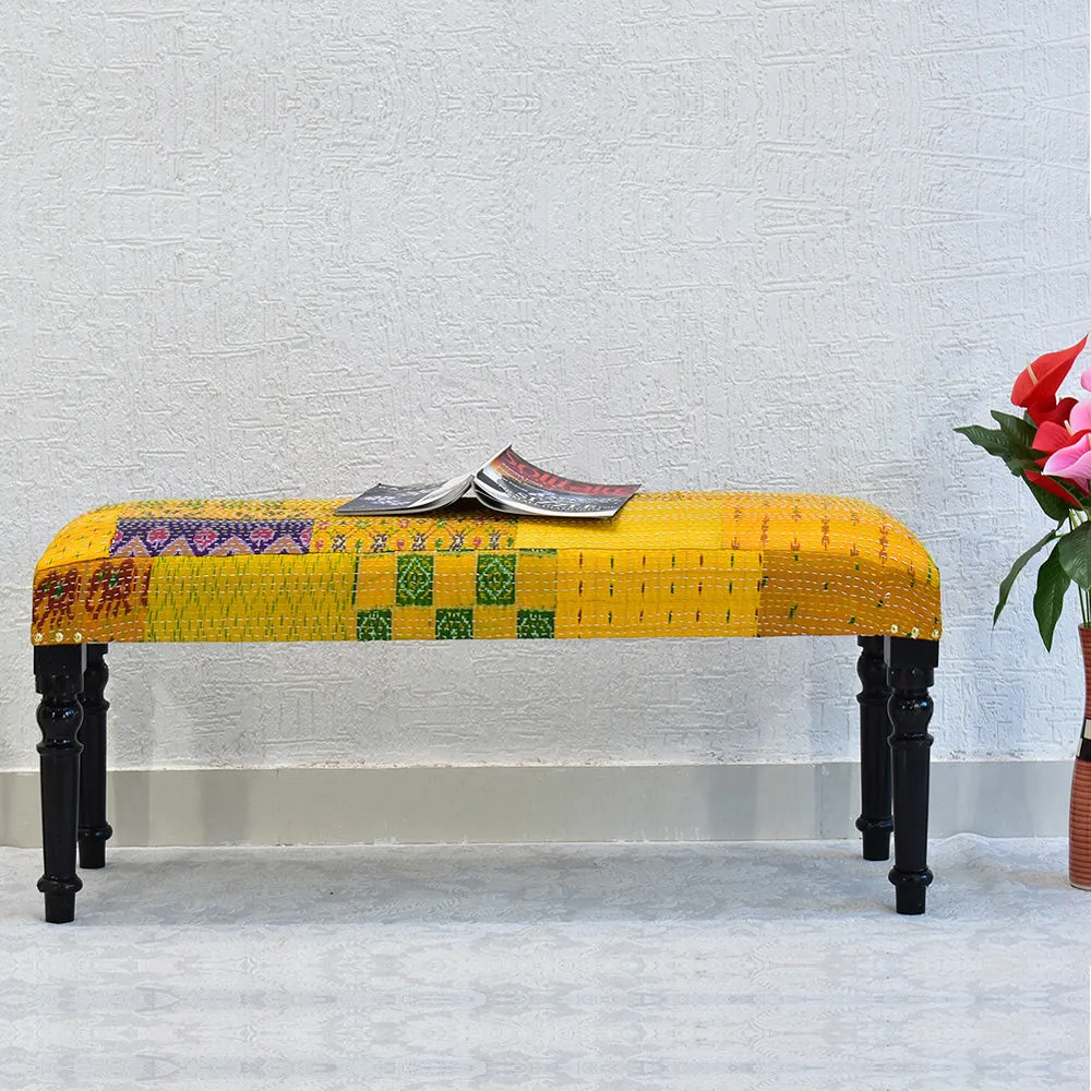 Yellow Kantha Gudri Patchwork Upholstery Multipurpose Bench