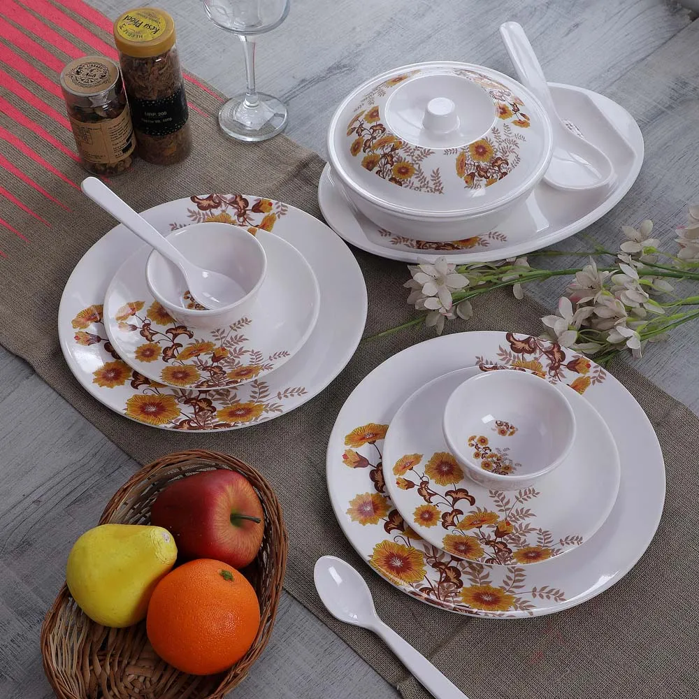 Yellow Pretty Flower Printed Melamine Dinner Set Of 40