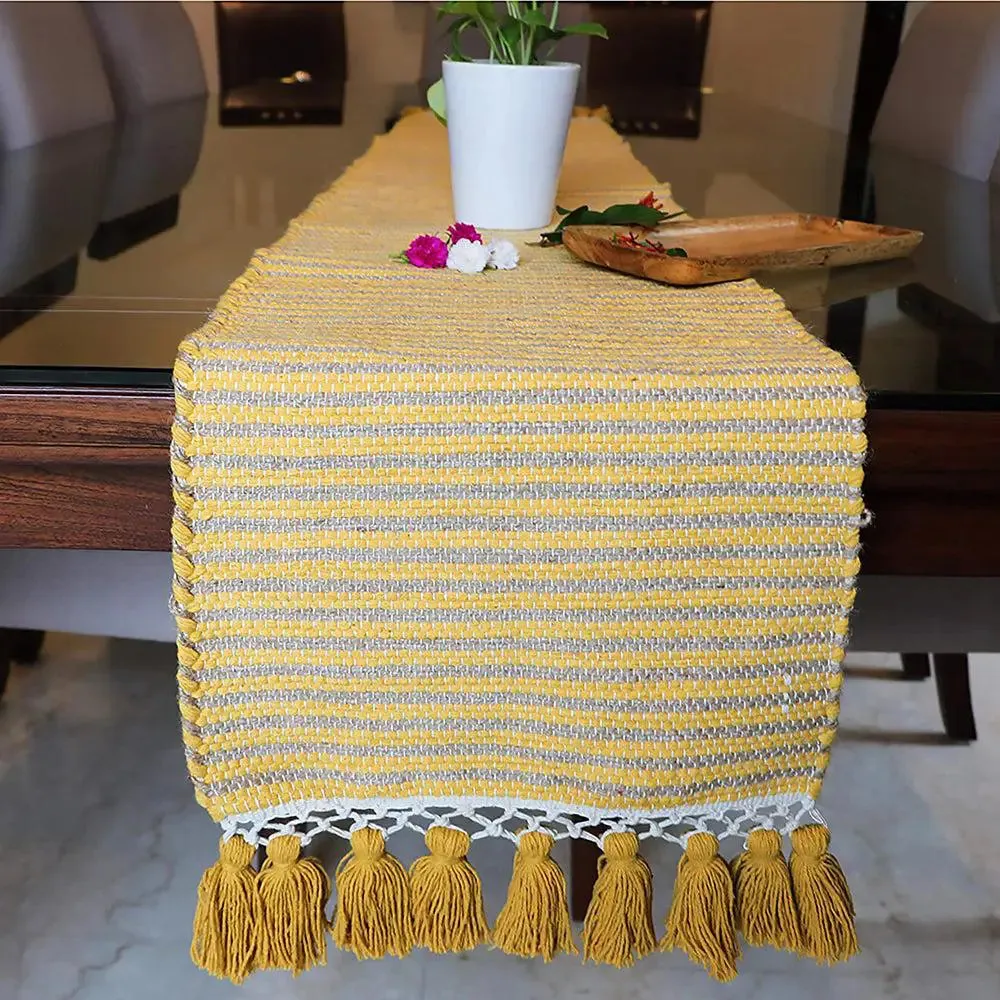 Yellow Taselled Jute &amp; Cotton Table Runner