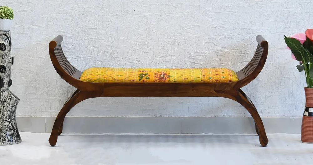 Yellow Traditional Kantha Gudri Patchwork Natural Brown Wooden Two Seater Sofa